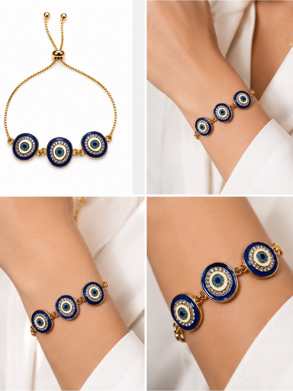 Gold-tone Blue Evil Eye Bracelet - Women's Protective Charm